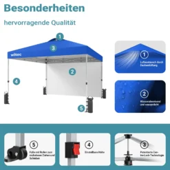 Wiltec Pop up Pavillon 3 x 3 m blau mit Seitenteil, Faltpavillon mit Rädern und „One Push“-Technologie, Gartenpavillon mit höhenverstellbaren Beinen