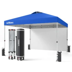 Wiltec Pop up Pavillon 3 x 3 m blau mit Seitenteil, Faltpavillon mit Rädern und „One Push“-Technologie, Gartenpavillon mit höhenverstellbaren Beinen