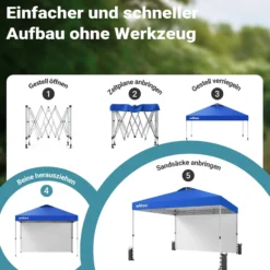 Wiltec Pop up Pavillon 3 x 3 m blau mit Seitenteil, Faltpavillon mit Rädern und „One Push“-Technologie, Gartenpavillon mit höhenverstellbaren Beinen