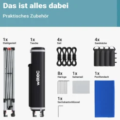 Wiltec Pop up Pavillon 3 x 3 m blau mit Seitenteil, Faltpavillon mit Rädern und „One Push“-Technologie, Gartenpavillon mit höhenverstellbaren Beinen
