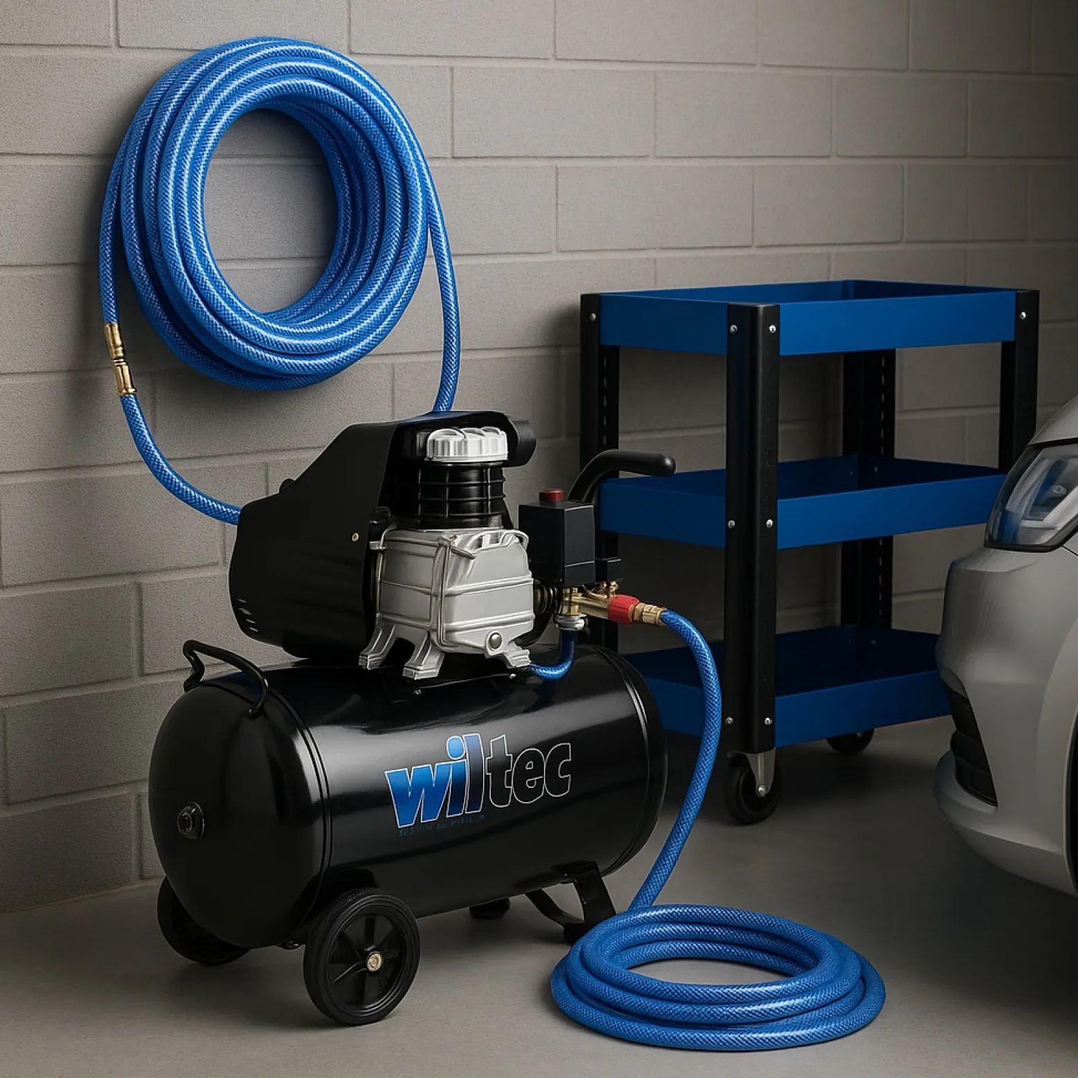 Wiltec PVC Druckluftschlauch 10 m bis max. 60 bar, Kompressorschlauch mit Schnellkupplung, Gewebeschlauch für alle gängigen Kompressoren, Luftschlauch