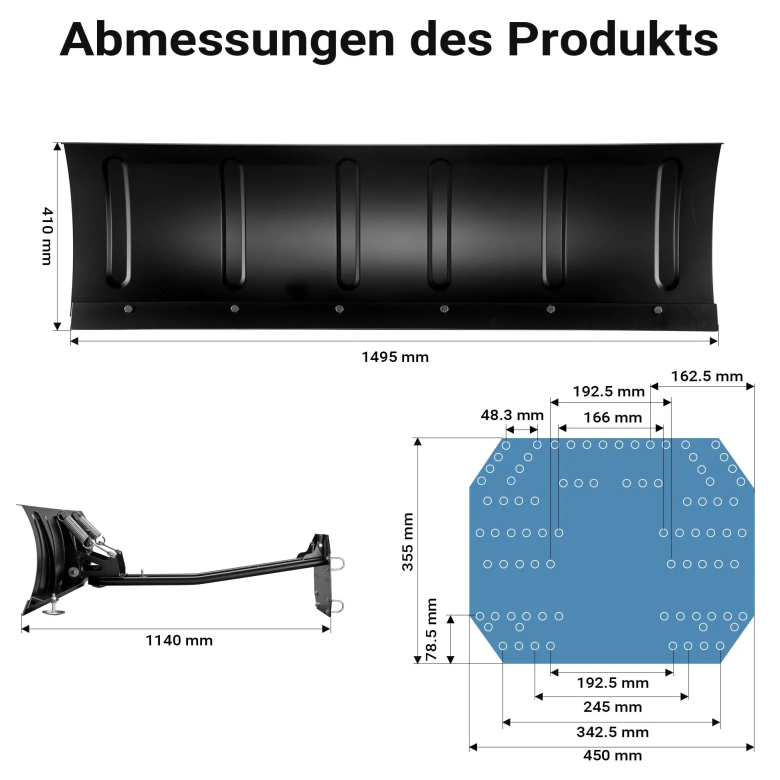 Wiltec Quad Schneeschild 150 x 40 cm, universal Schneepflug für ATV-Fahrzeuge, Traktor, Räumschild aus SPCC, Schneeschippe mit Richtungseinstellung