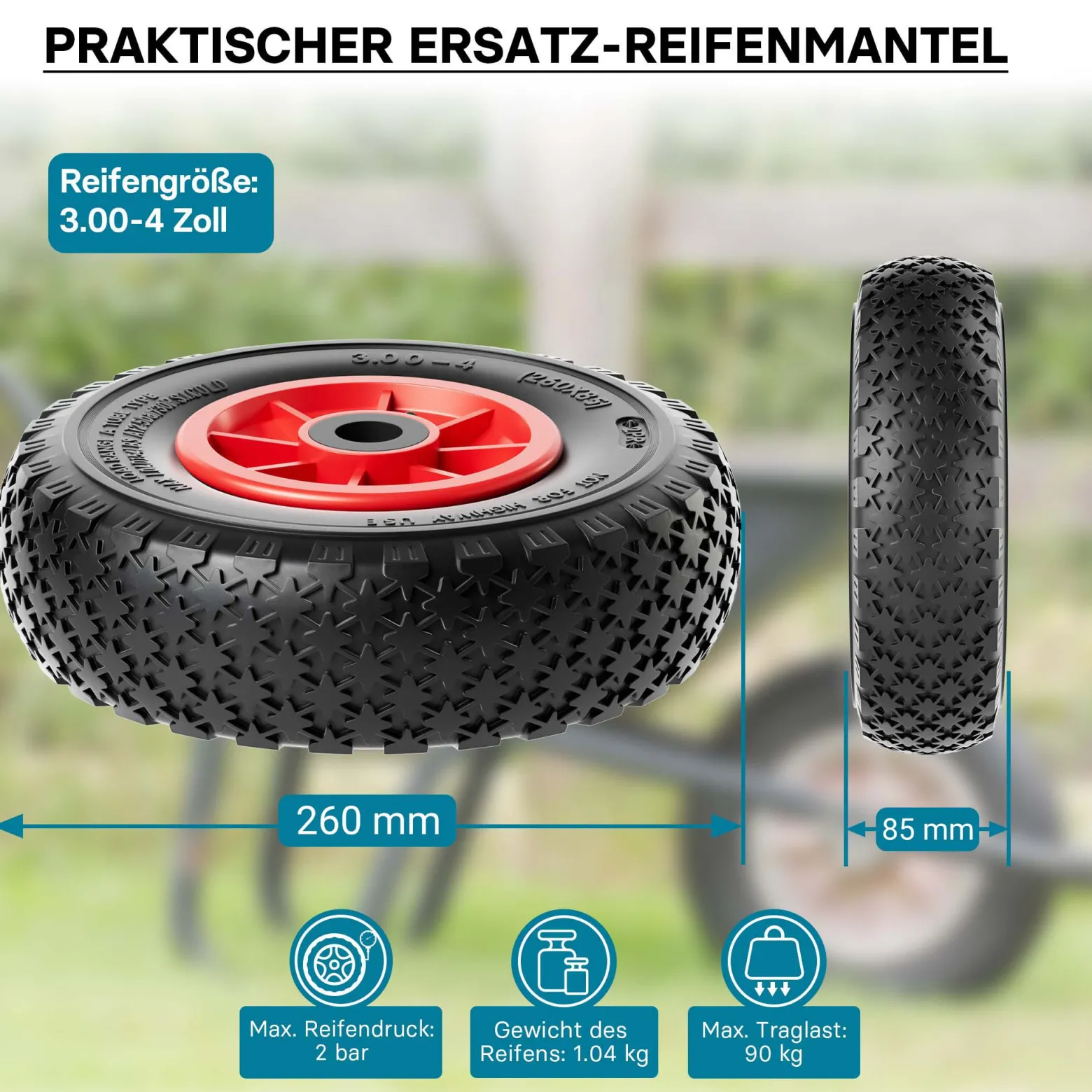 Wiltec Rad 3.00-4 85 x 260 mm 90 kg, Schubkarren Komplettrad mit Kunststofffelge, Winkelventil, Luftreifen für Sackkarre, Bollerwagen u.a .