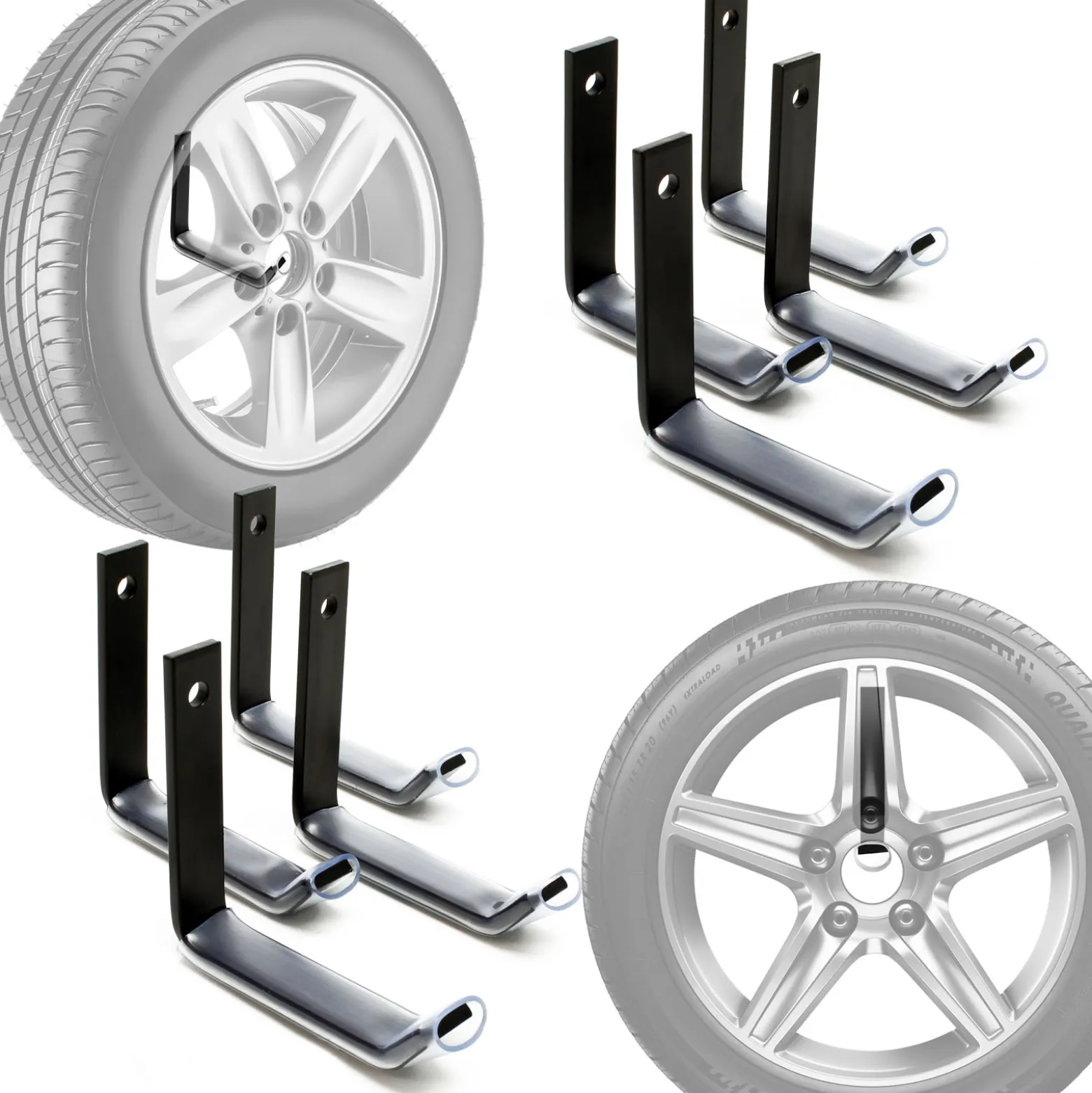 Wiltec Reifenhalter Wandmontage für 8 Reifen – 106 x 20 x 102 mm – aus Stahl – max. Traglasst 25 kg je Halter – Zubehör für Reifen Reifenregal Felgenbaum