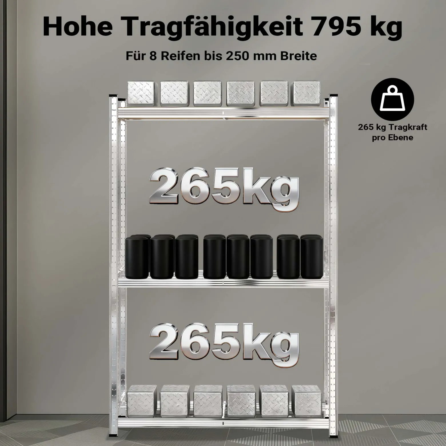 Wiltec Reifenregal – 180 x 120 x 40 cm – bis 795 kg – für 8 Reifen – aus Stahl – Werkstattregal Lagerregal Reifenständer Schwerlastregal