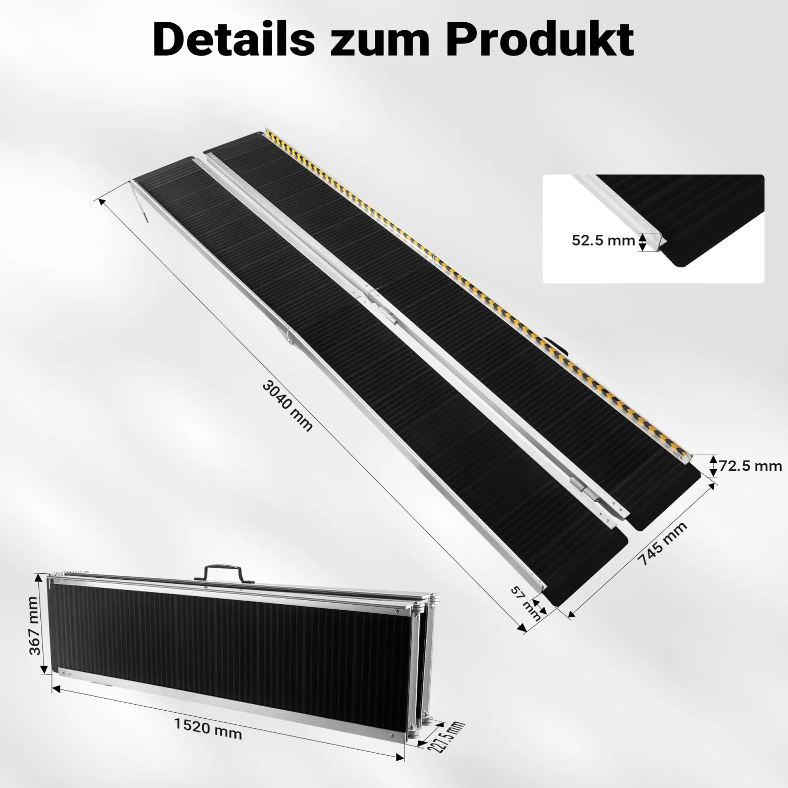 Wiltec Rollstuhlrampe doppelt faltbar 303cm 270kg, mobile Auffahrschiene mit rutschfester Oberfläche als Rollirampe, Aluminium Kofferrampe