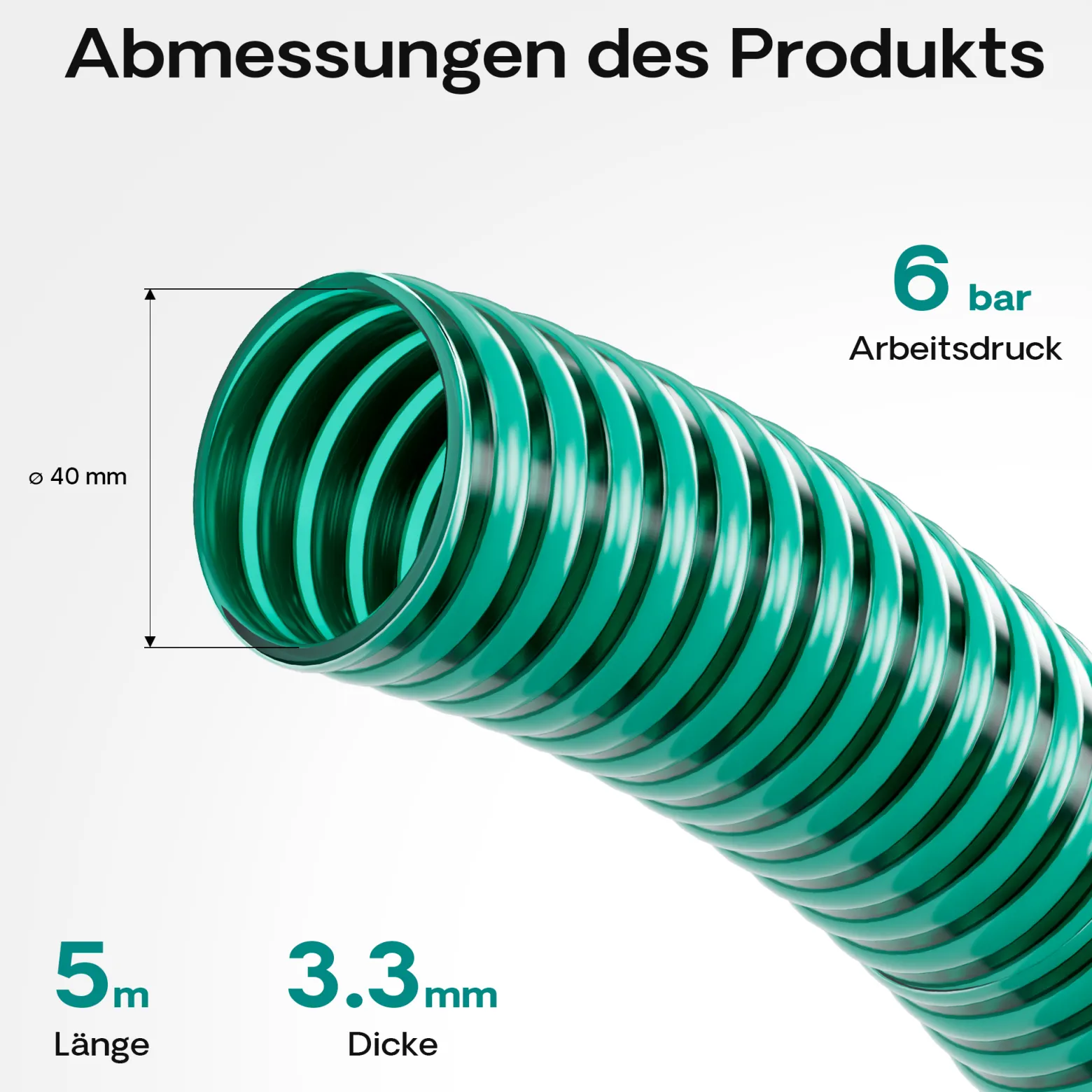 Wiltec Saugschlauch Druckschlauch 5m, flexibel, 40mm (1 1/2") grün - Made in Europe, zum Anschluss an Teichpumpen und Hauswasserwerke