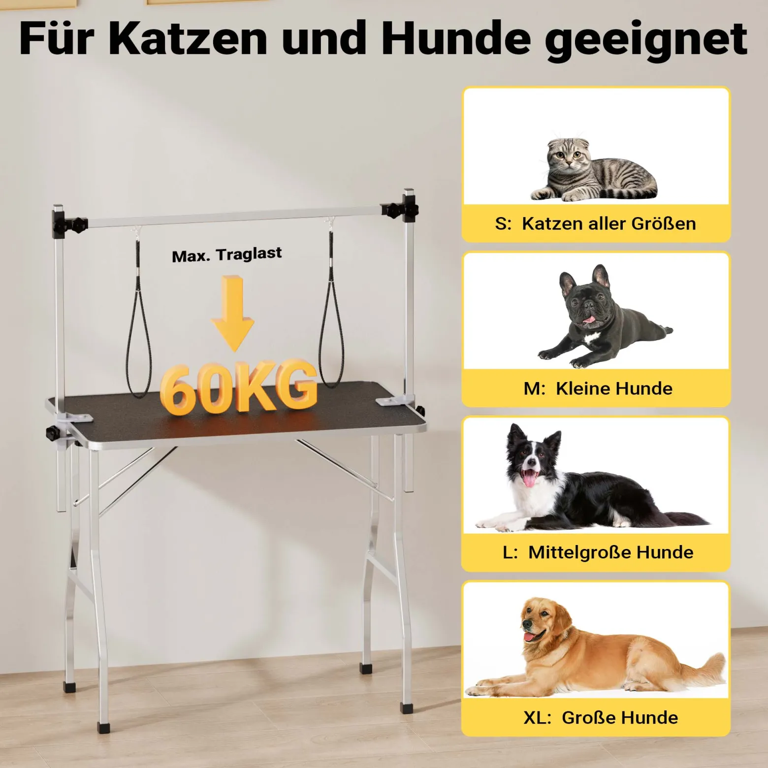 Wiltec Schertisch für Hund und Katze, 91x61x76 cm, Trimmtisch zusammenklappbar, Groomer Tisch mit 2 Schlingen, Pflegetisch für Tiere