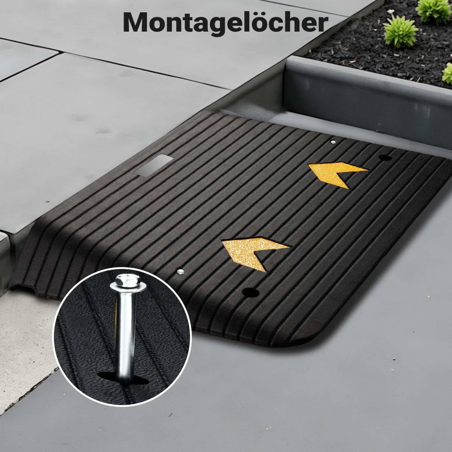 Wiltec Schwellenrampe bis 50 t, Rampe aus robustem Gummi 902 x 620 x 102 mm, gelbe Reflexionsbänder und Schraubrillen, Auffahrrampe für Pkw, Motorrad, Rollstuhl oder Lkw