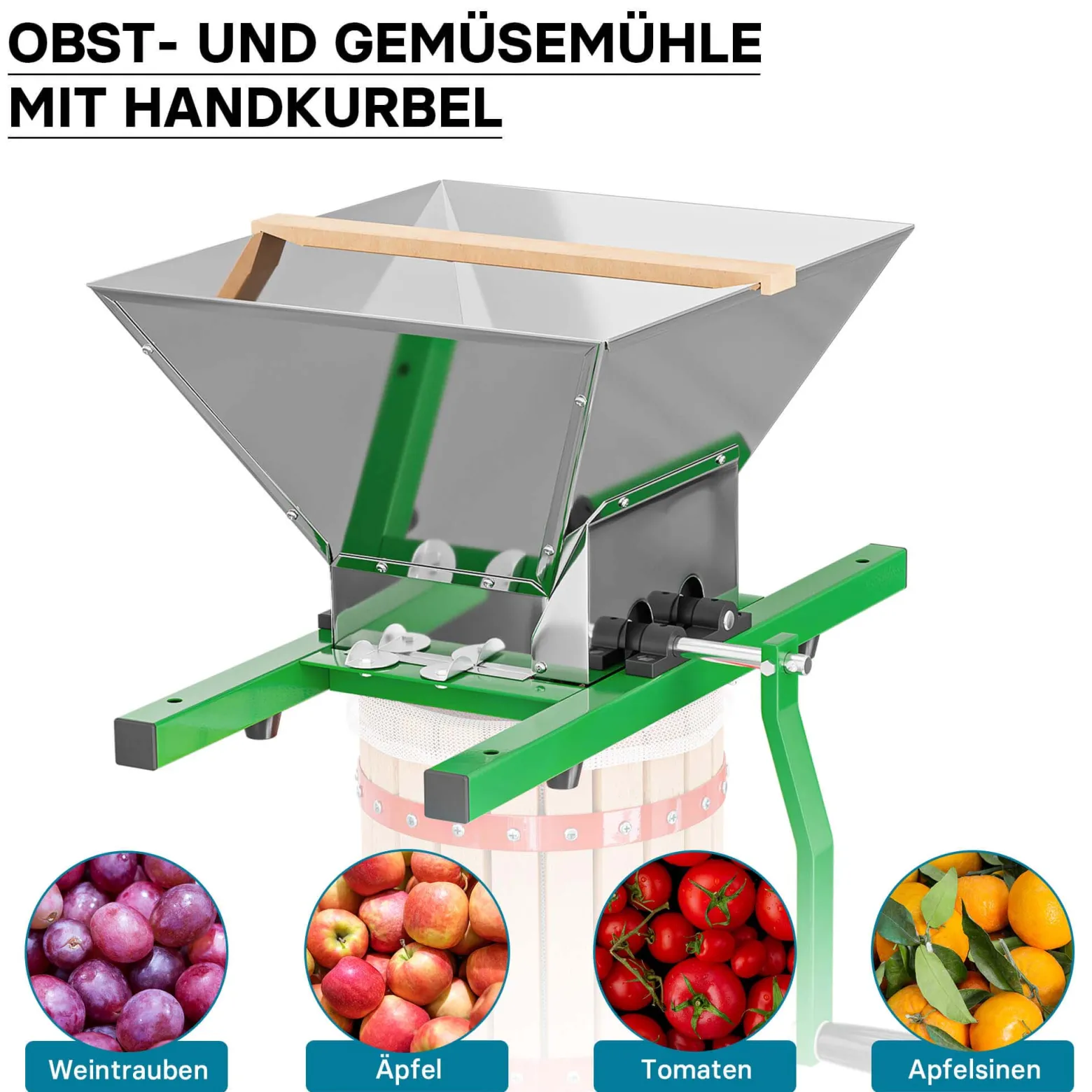 Wiltec Set 18L Obstpresse aus Buchenholz inkl. Presstuch und Obstmühle mit 7L Trichter, Zur Herstellung von Saft Wein und Maische