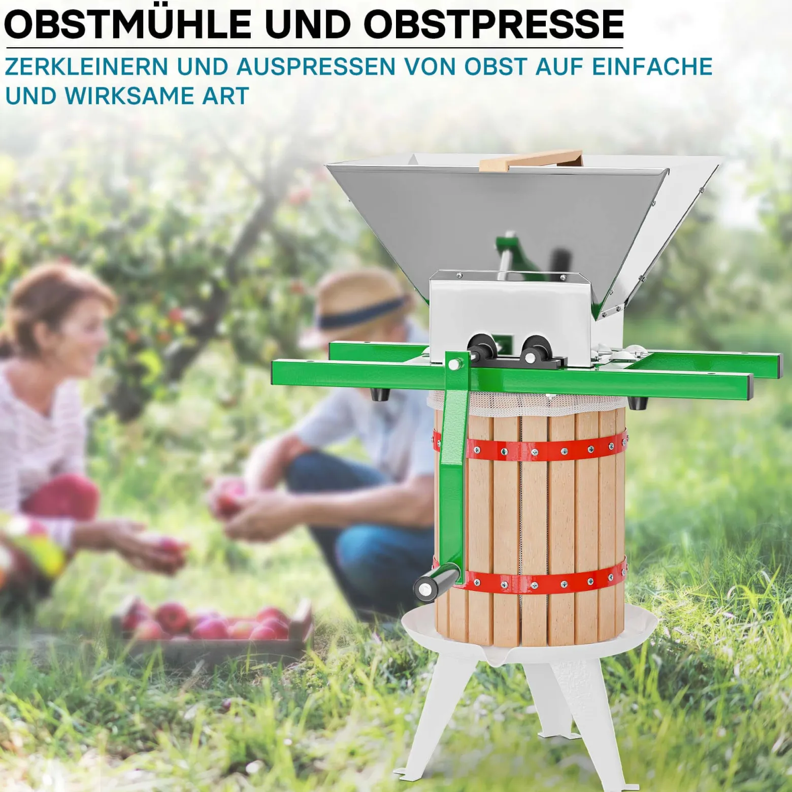 Wiltec Set 18L Obstpresse aus Buchenholz inkl. Presstuch und Obstmühle mit 7L Trichter, Zur Herstellung von Saft Wein und Maische