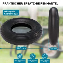 Wiltec Set 2x Reifen und 2x Schlauch Größe 4.00-8, bis 160 kg Traglast, mit geradem Ventil TR13 für Schubkarren, Sackkarren und E-Scooter
