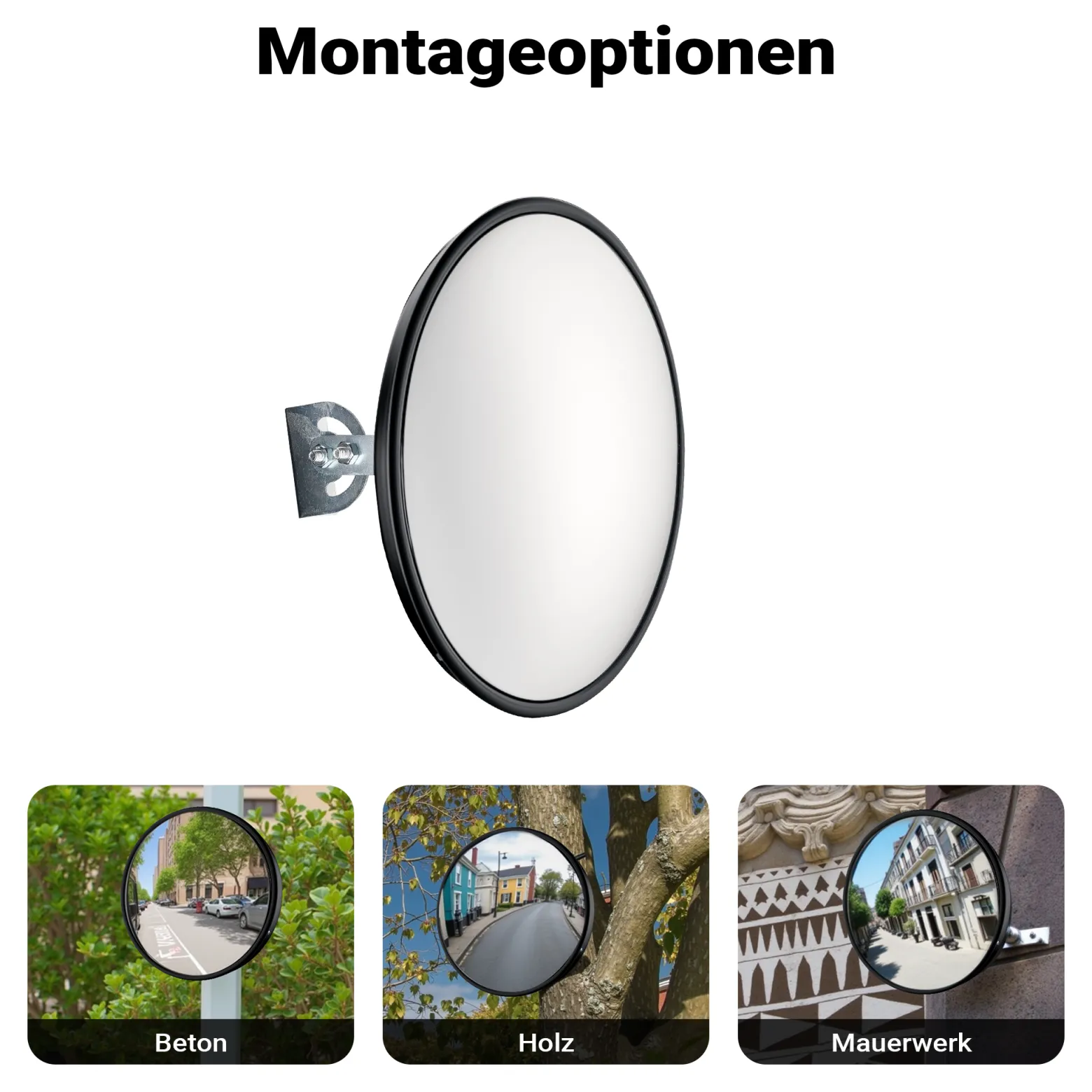 Wiltec Sicherheitsspiegel 60 cm konvex Schwarz, runder Überwachungsspiegel mit 160° Sichtfeld, Konvexspiegel für Innenbereiche