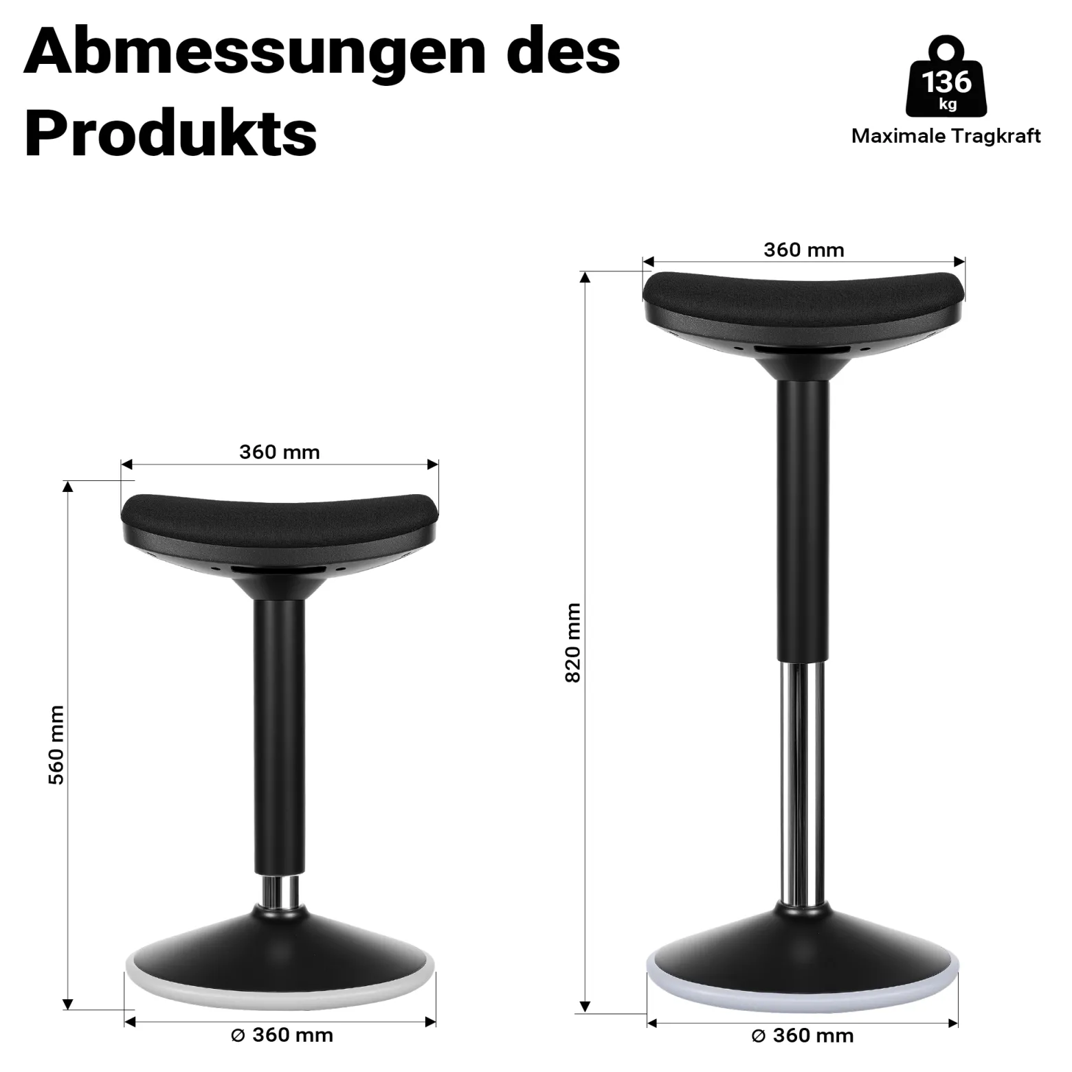 Wiltec Sitz- & Stehhocker schwarz, Drehhocker höhenverstellbar bis 82 cm, Polsterhocker bis 135 kg, moderner Hocker drehbar für Büro und Homeoffice