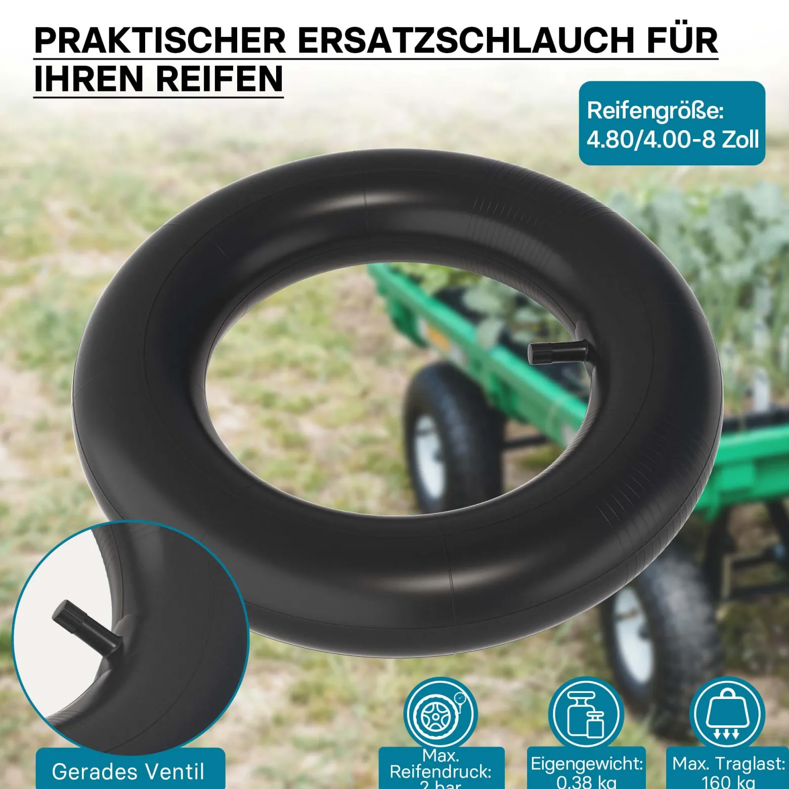 Wiltec Standard Schlauch für Reifen Größe 4.00-8, bis 160 kg Traglast, mit geradem Ventil TR13 für Schubkarren, Sackkarren und E-Scooter