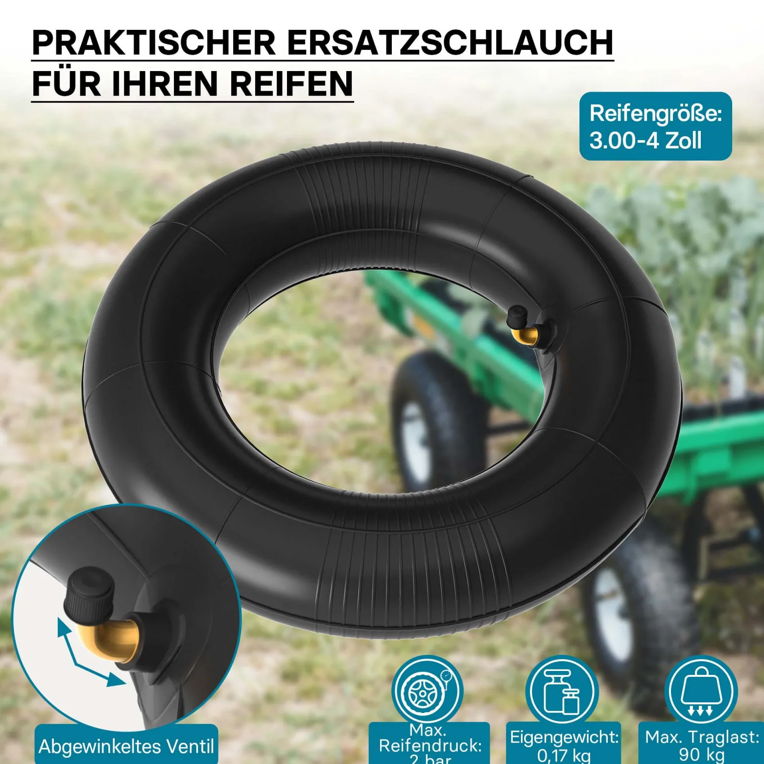 Wiltec Standard Schlauch für Reifen Größe 3.00/3.50-4, bis 90 kg Traglast, mit abgewinkeltem Ventil TR87 für Schubkarren, Sackkarren und E-Scooter