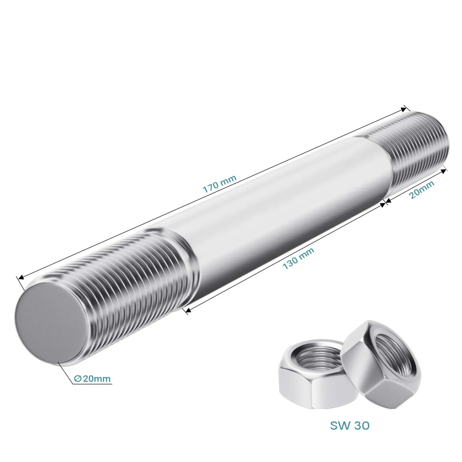 Wiltec Standard Steckachse 150 x 20 mm für Schubkarre, Nabenbreite 110 mm, Achse für Schubkarren Rad, Trolley, Sackkarre, Handwagen