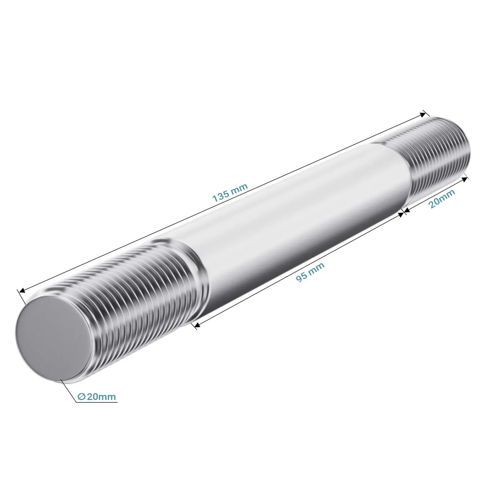 Wiltec Standard Steckachse 135 x 20 mm für Schubkarre, Nabenbreite 95 mm, Achse für Schubkarren Rad, Trolley, Sackkarre, Handwagen