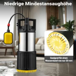 Wiltec Tauchpumpe mit Schwimmerschalter 1200 W, Tiefbrunnenpumpe bis 7 m Tiefe, Brunnenpumpe 40 m Förderhöhe, Wasserpumpe für Klarwasser