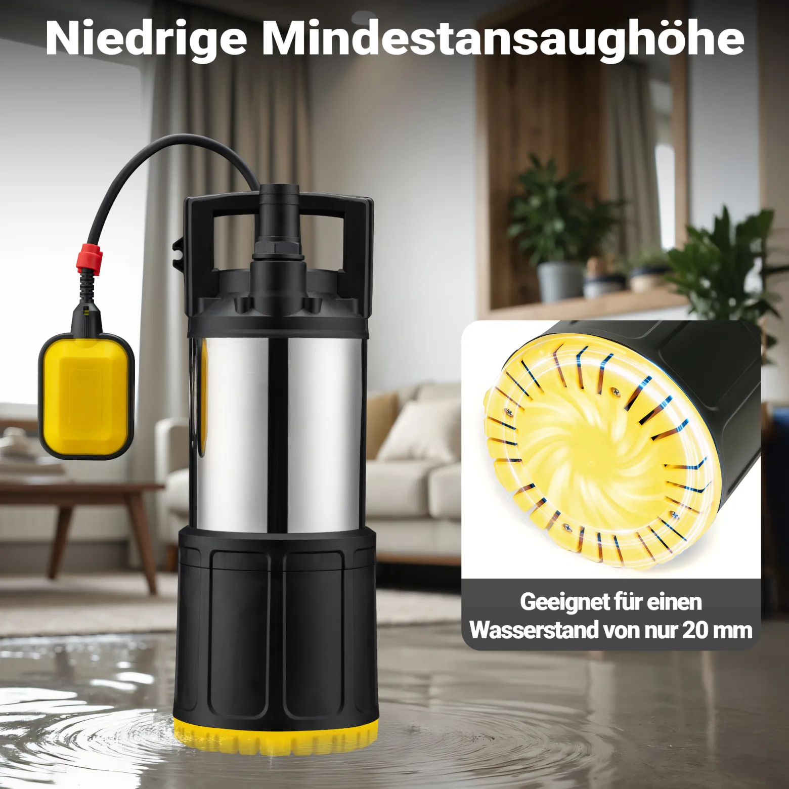 Wiltec Tauchpumpe mit Schwimmerschalter 1200 W, Tiefbrunnenpumpe bis 7 m Tiefe, Brunnenpumpe 40 m Förderhöhe, Wasserpumpe für Klarwasser