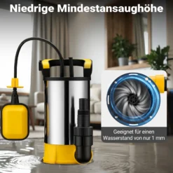 Wiltec Tauchpumpe mit Schwimmer Edelstahl 550 W, flachabsaugende Pumpe bis 1 mm, Tiefbrunnenpumpe bis 7 m Tiefe & 7 m Förderhöhe, Flachsaugerpumpe für Klarwasser