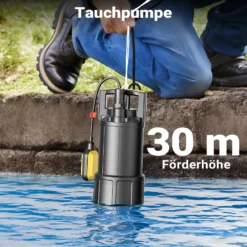 Wiltec Tauchpumpe mit Schwimmerschalter 1000 W, Tiefbrunnenpumpe bis 7 m Tiefe, Brunnenpumpe 30 m Förderhöhe, Wasserpumpe für Klarwasser