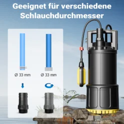 Wiltec Tauchpumpe mit Schwimmerschalter 1000 W, Tiefbrunnenpumpe bis 7 m Tiefe, Brunnenpumpe 30 m Förderhöhe, Wasserpumpe für Klarwasser