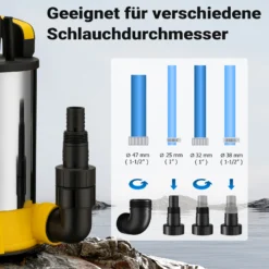 Wiltec Tauchpumpe mit Schwimmer Edelstahl 900 W, flachabsaugende Pumpe bis 1 mm, Tiefbrunnenpumpe bis 7 m Tiefe & 9 m Förderhöhe, Flachsaugerpumpe für Klarwasser