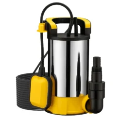 Wiltec Tauchpumpe mit Schwimmer Edelstahl 900 W, flachabsaugende Pumpe bis 1 mm, Tiefbrunnenpumpe bis 7 m Tiefe & 9 m Förderhöhe, Flachsaugerpumpe für Klarwasser