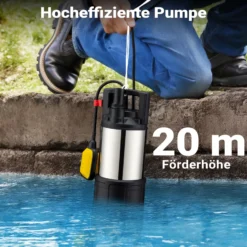 Wiltec Tauchpumpe mit Schwimmerschalter 1000 W, Tiefbrunnenpumpe bis 7 m Tiefe, Brunnenpumpe 30 m Förderhöhe, Wasserpumpe für Klarwasser