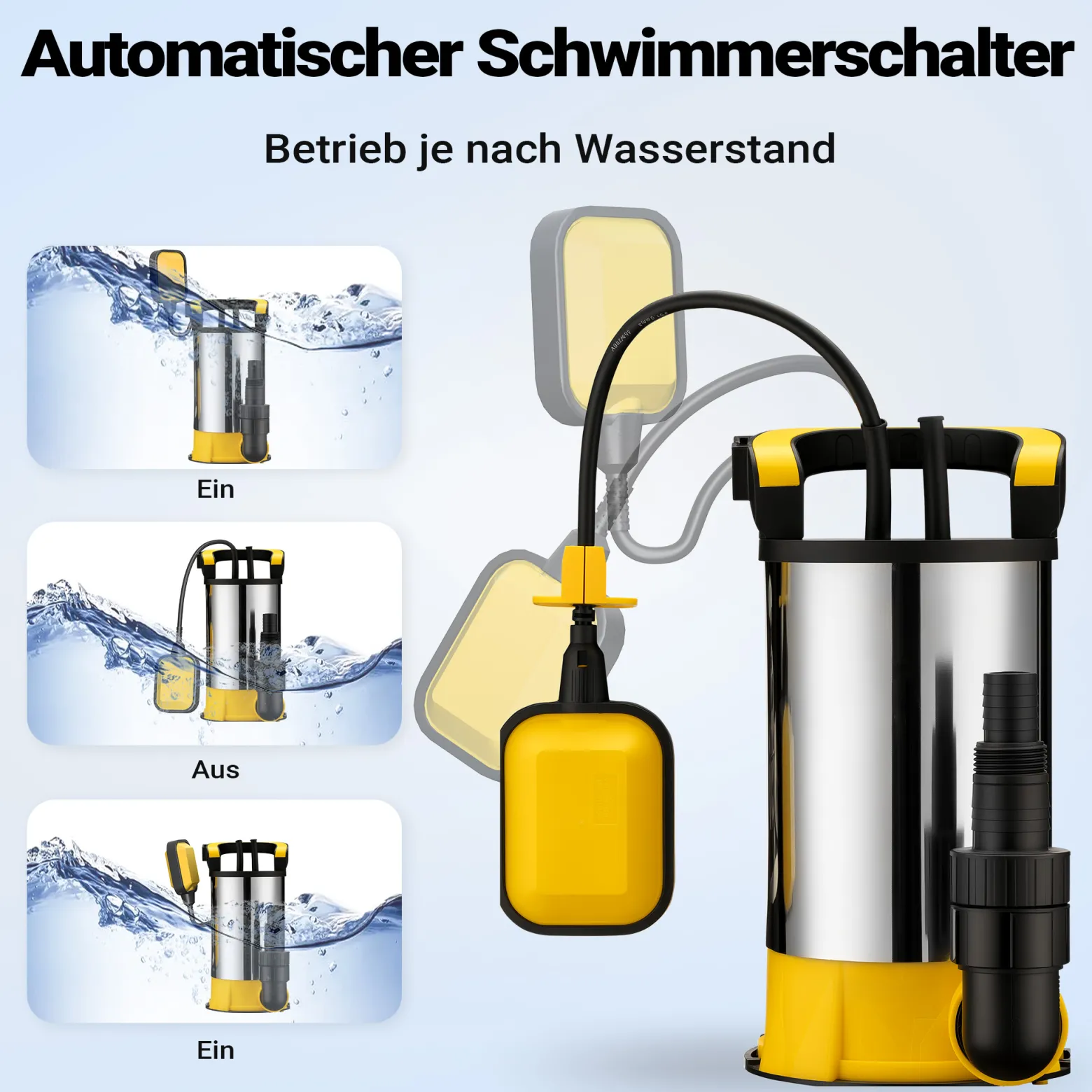 Wiltec Tauchpumpe mit Schwimmer Edelstahl 850 W, flachabsaugende Pumpe bis 1 mm, Tiefbrunnenpumpe bis 7 m Tiefe & 8,5 m Förderhöhe, Flachsaugerpumpe für Klarwasser