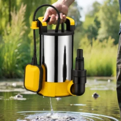 Wiltec Tauchpumpe mit Schwimmer Edelstahl 850 W, flachabsaugende Pumpe bis 1 mm, Tiefbrunnenpumpe bis 7 m Tiefe & 8,5 m Förderhöhe, Flachsaugerpumpe für Klarwasser