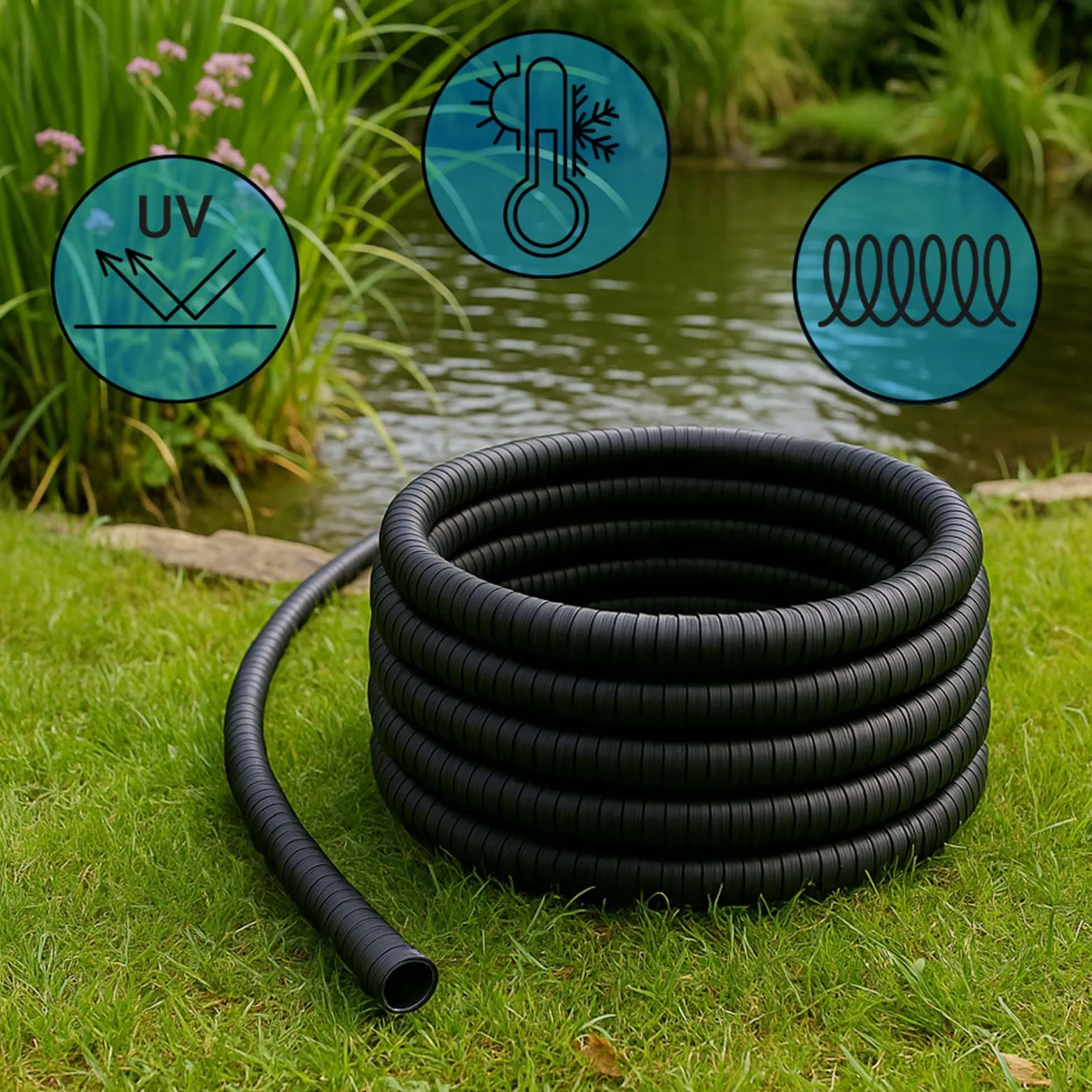Wiltec Teichschlauch 25m Spiralschlauch 50 mm (2") schwarz, lichtundurchlässig, extrem biegsam Saugschlauch Druckschlauch