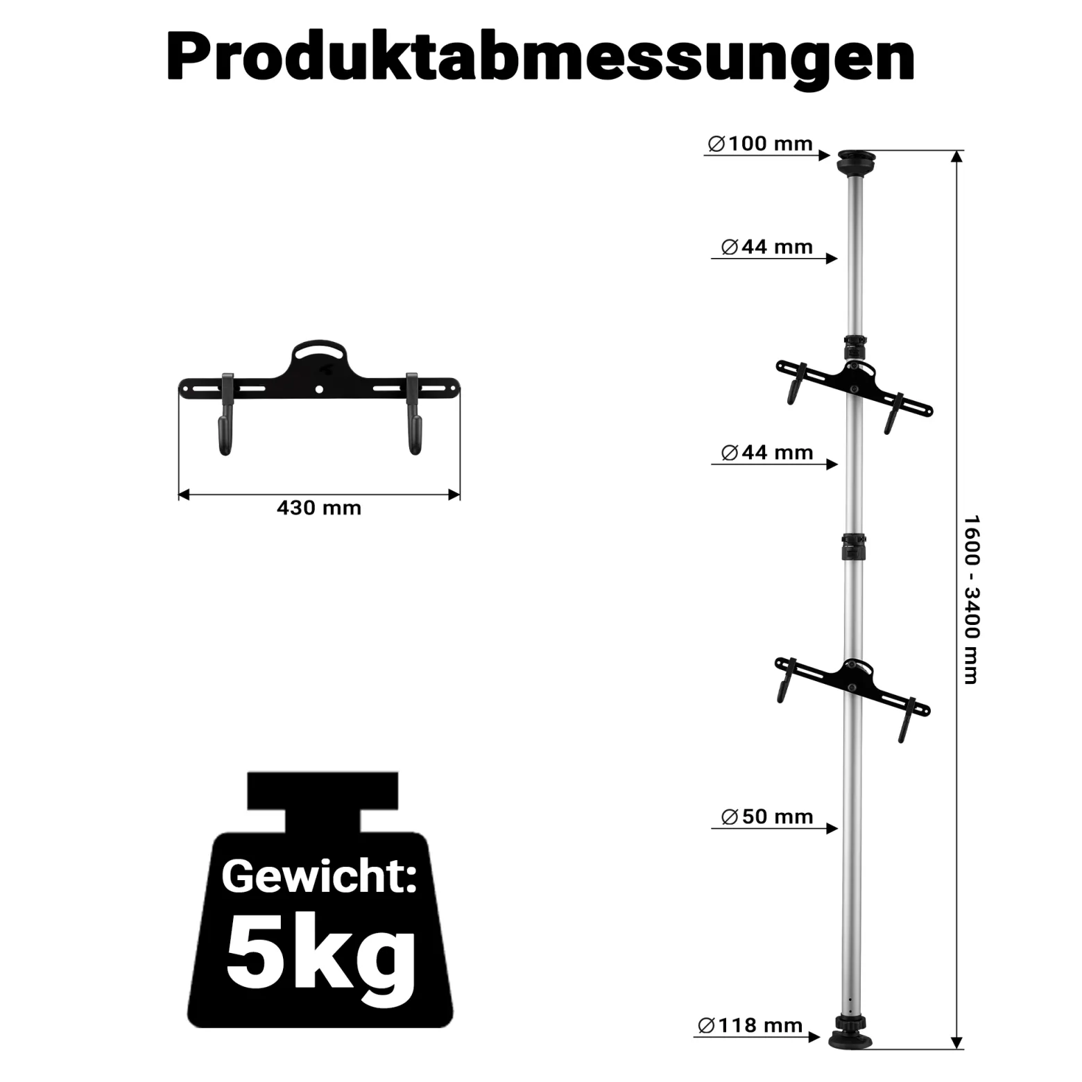 Wiltec Teleskop Fahrradhalter für 2 Räder je 20kg 160-340cm, Fahrradständer platzsparend, Hängesystem verstellbar mit 360° Haltearmen
