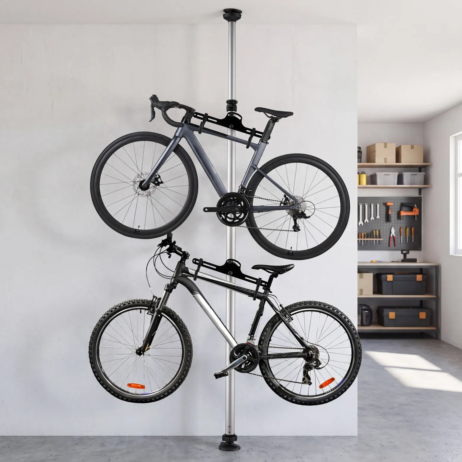 Wiltec Teleskop Fahrradhalter für 2 Räder je 20kg 160-340cm, Fahrradständer platzsparend, Hängesystem verstellbar mit 360° Haltearmen