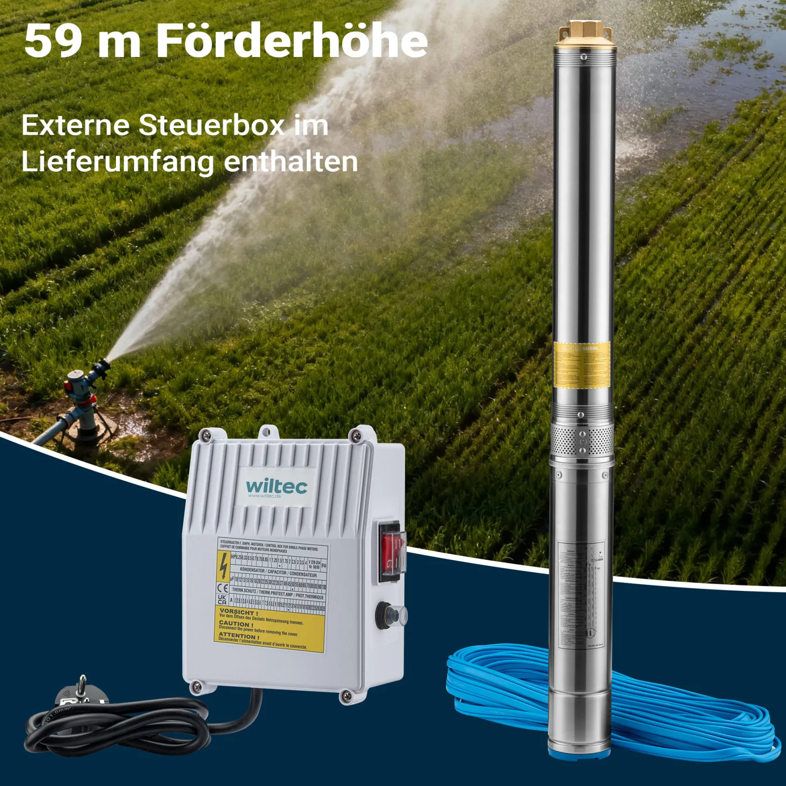 Wiltec 4" Tiefbrunnenpumpe 550 W, Wasserpumpe mit Fördermenge 6000 l/h, Tauchpumpe mit Eintauchtiefe max. 20 m und Förderhöhe max. 59 m