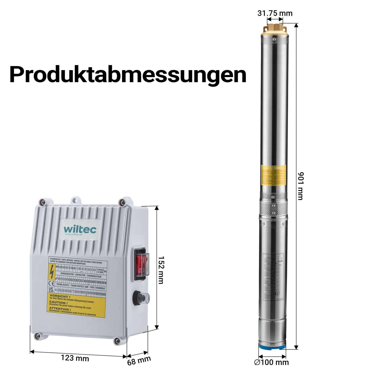 Wiltec 4" Tiefbrunnenpumpe 750 W, Wasserpumpe mit Fördermenge 6000 l/h, Tauchpumpe mit Eintauchtiefe max. 20 m und Förderhöhe max. 74 m
