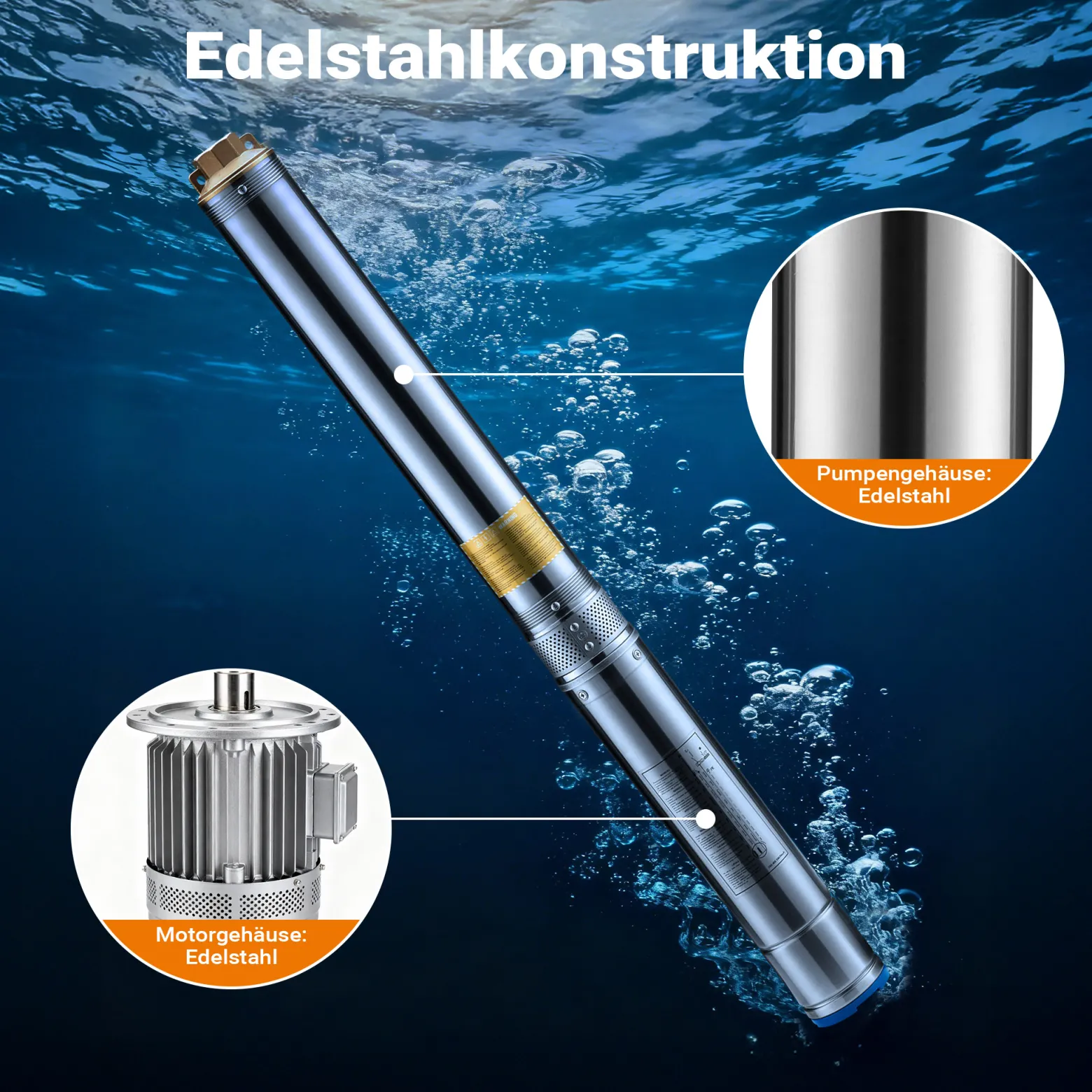 Wiltec 4" Tiefbrunnenpumpe 750 W, Wasserpumpe mit Fördermenge 6000 l/h, Tauchpumpe mit Eintauchtiefe max. 20 m und Förderhöhe max. 74 m