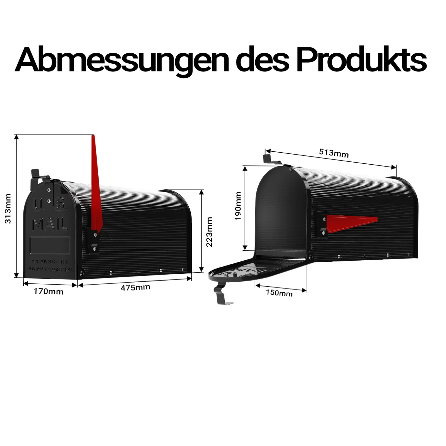 Wiltec US Mailbox schwarz 150 x 513 x 223 mm, amerikanischer Briefkasten mit Fahne, Wandbriefkasten oder Standbriefkasten Stahl amerikanisches Design