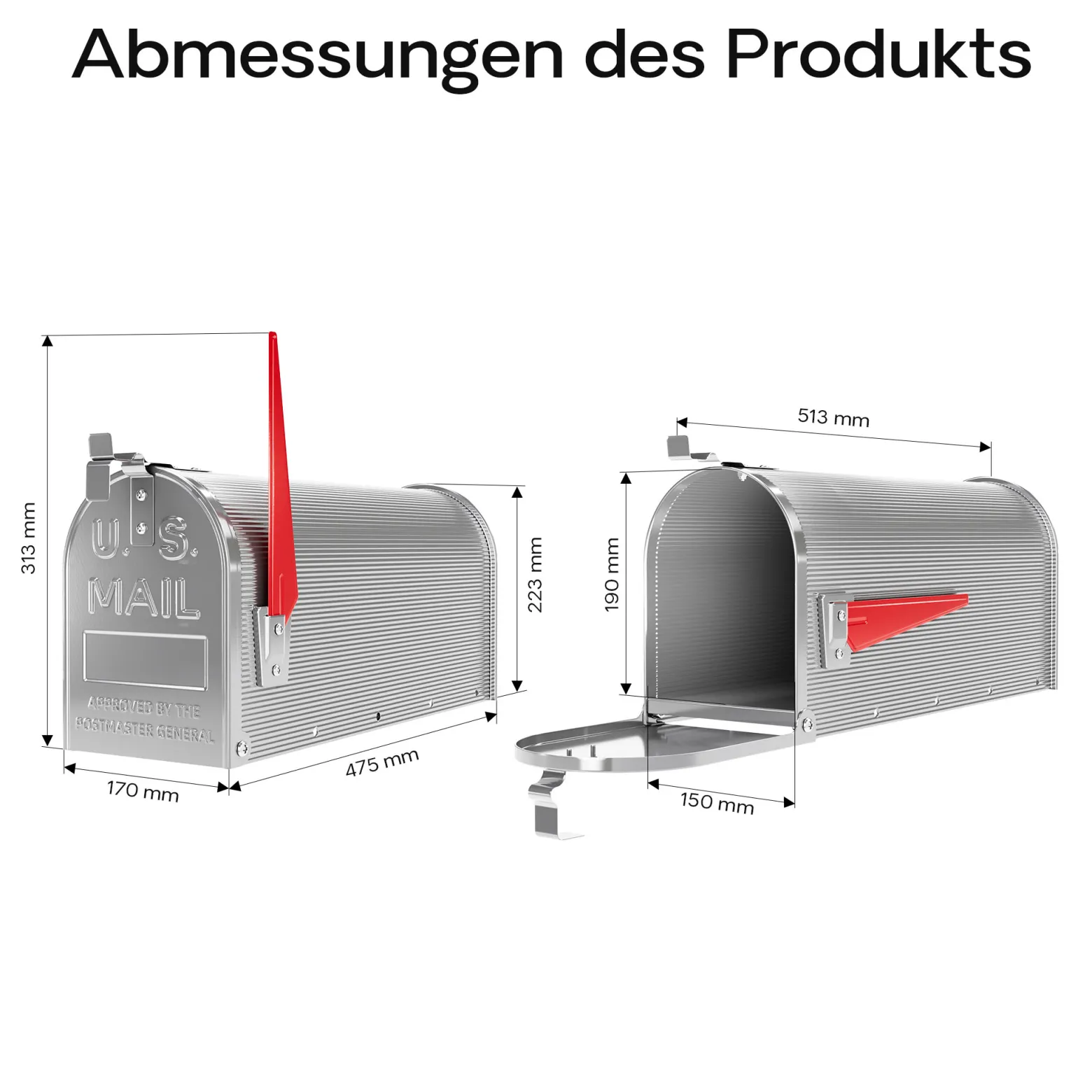 Wiltec US Mailbox silbergrau 150 x 513 x 223 mm, amerikanischer Briefkasten mit Fahne, Wandbriefkasten oder Standbriefkasten Stahl amerikanisches Design