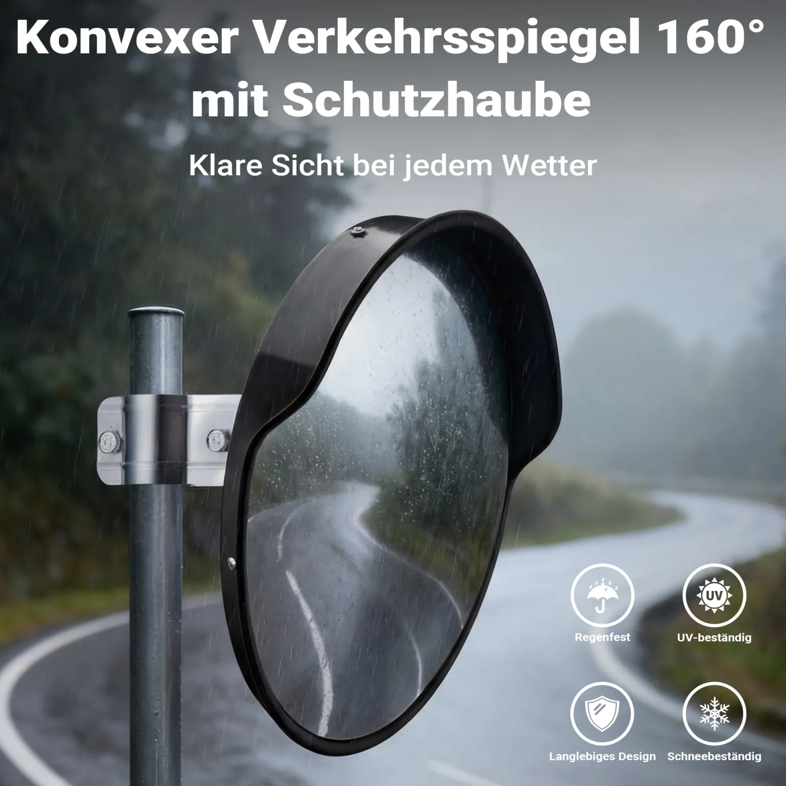 Wiltec Verkehrsspiegel 80 cm konvex mit Schutzhaube Schwarz, runder Sicherheitsspiegel mit 160° Sichtfeld, Konvexspiegel für Ausfahrten inkl. Montagematerial