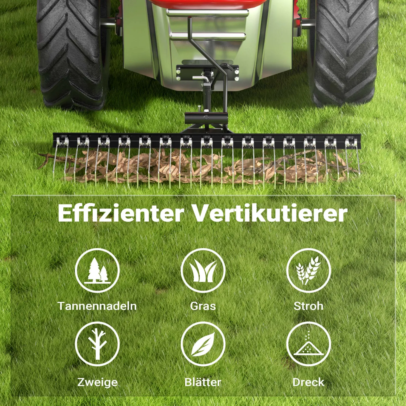 Wiltec Vertikutierer 120 cm für Aufsitzmäher, Rasenlüfter mit Stahlfedern für Rasentraktor, Rasenvertikutierer zum Rasen lüften und als Moosentferner