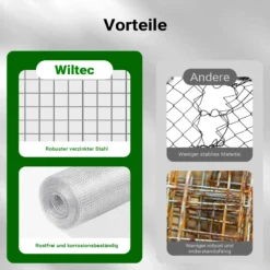 Wiltec Volierendraht 0,5 x 10 m, Hasendraht mit 6,3 mm Maschenweite sechseckig, Kaninchendraht Stahl verzinkt, wetterfester Hühnerdraht für Gehege