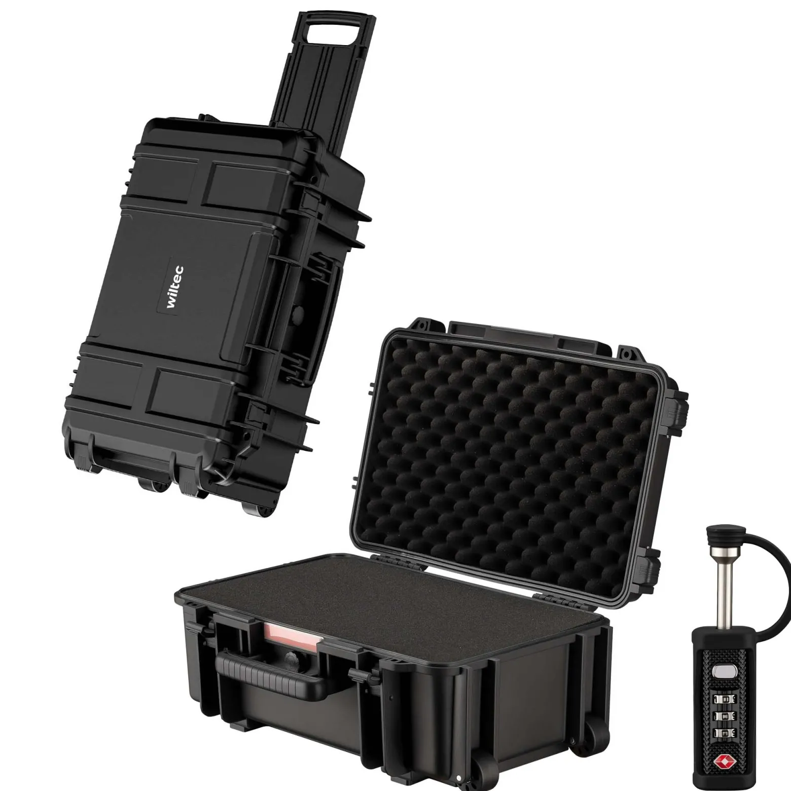 Wiltec Waffenkoffer 54,5 x 32,4 x 21,5 cm mit Kofferschloss, Koffer für Kurzwaffen, Pistolenkoffer mit Schaumstoffpolsterung, Kurzwaffenkoffer mit Rollen