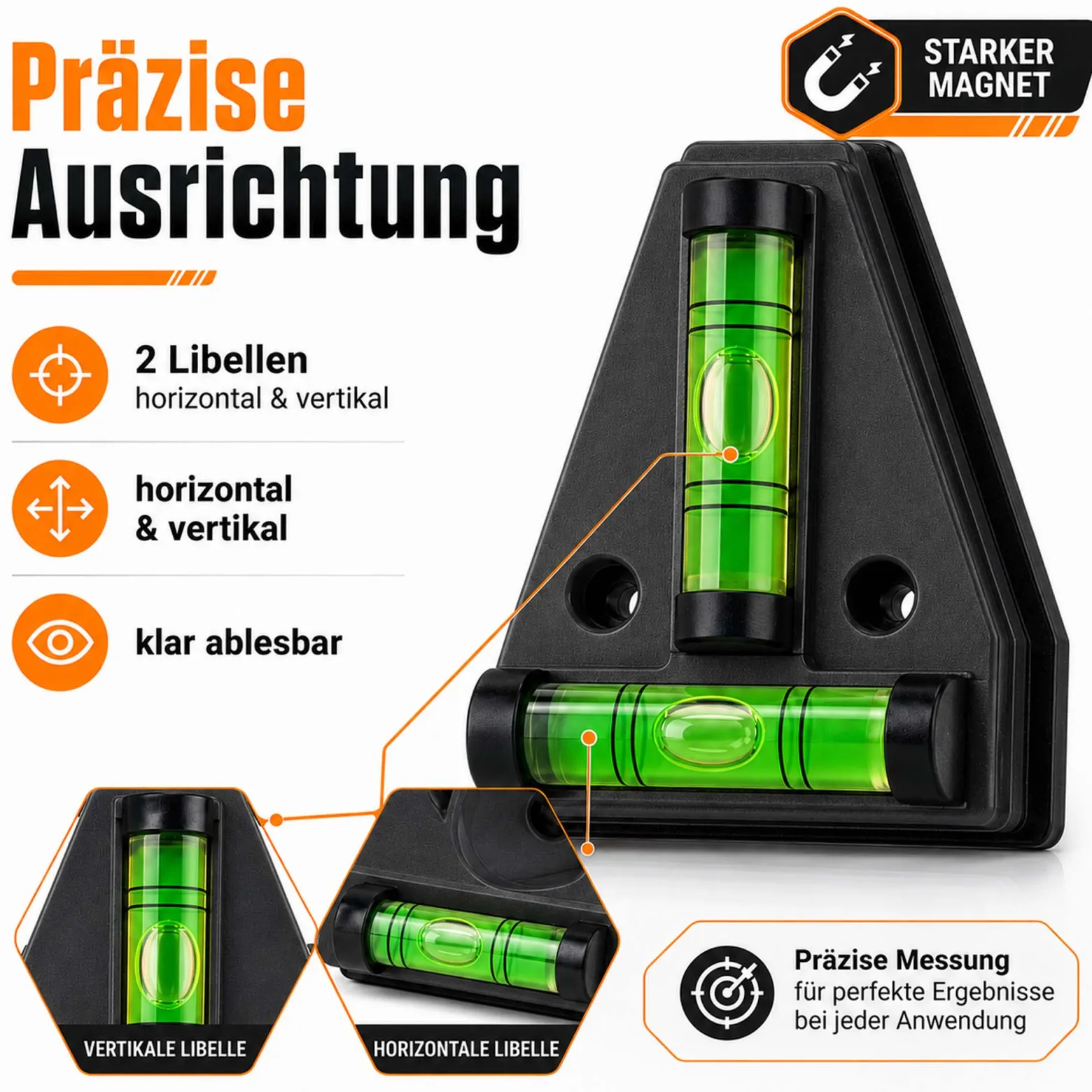 Wiltec Wasserwaage magnetisch Kreuzwasserwaage mit 2 Libellen, Magnetwasserwaage für Wohnmobil, Haushalt und Bau, kompakte Mini Wasserwaage aus ABS mit Magnetrückseite
