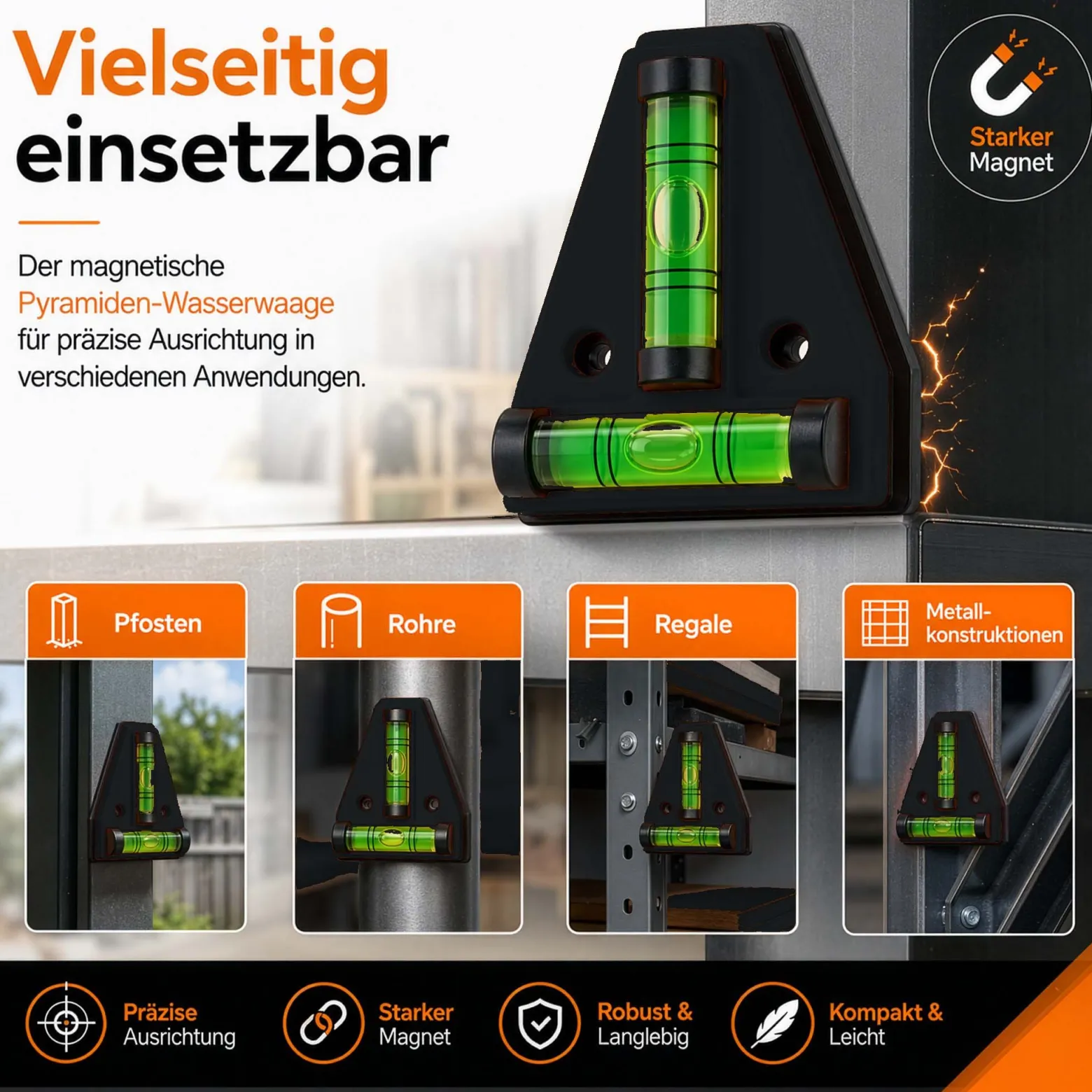 Wiltec Wasserwaage magnetisch Kreuzwasserwaage mit 2 Libellen, Magnetwasserwaage für Wohnmobil, Haushalt und Bau, kompakte Mini Wasserwaage aus ABS mit Magnetrückseite