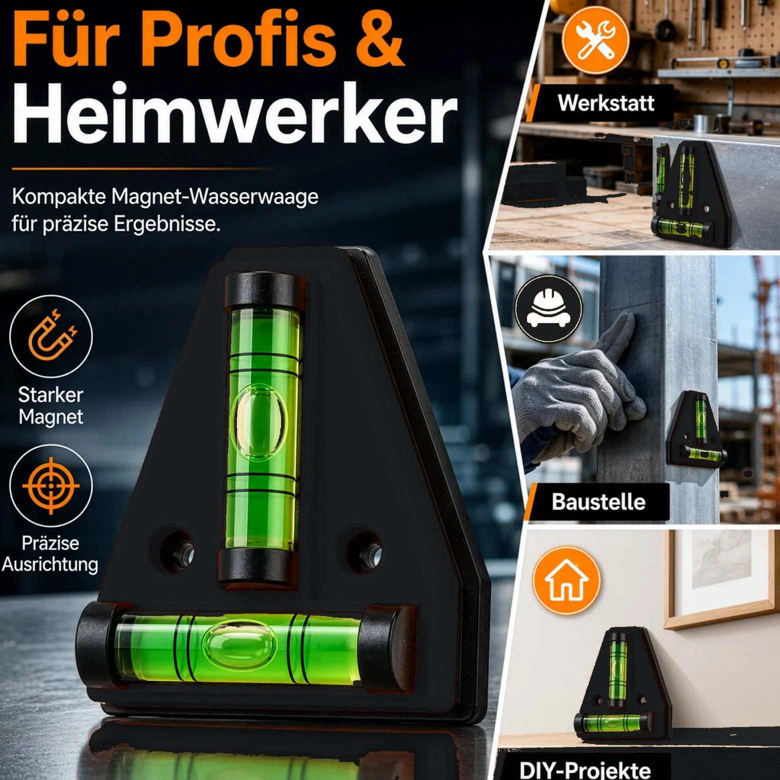 Wiltec Wasserwaage magnetisch Kreuzwasserwaage mit 2 Libellen, Magnetwasserwaage für Wohnmobil, Haushalt und Bau, kompakte Mini Wasserwaage aus ABS mit Magnetrückseite