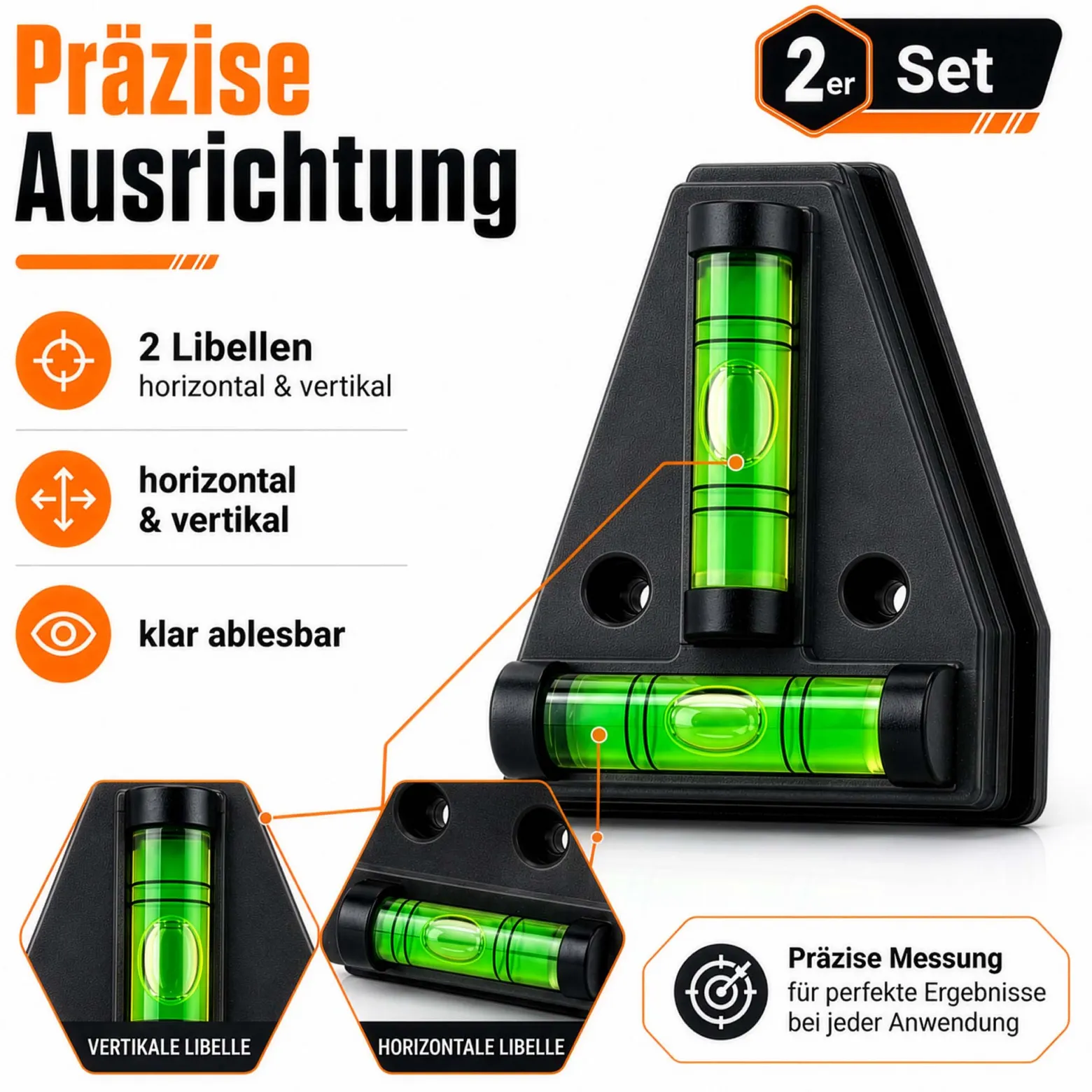 Wiltec Wasserwaage magnetisch 2 Stück Kreuzwasserwaage aus ABS mit Magnetrückseite mit je 2 Libellen, Magnetwasserwaage für Wohnmobil, Haushalt und Bau