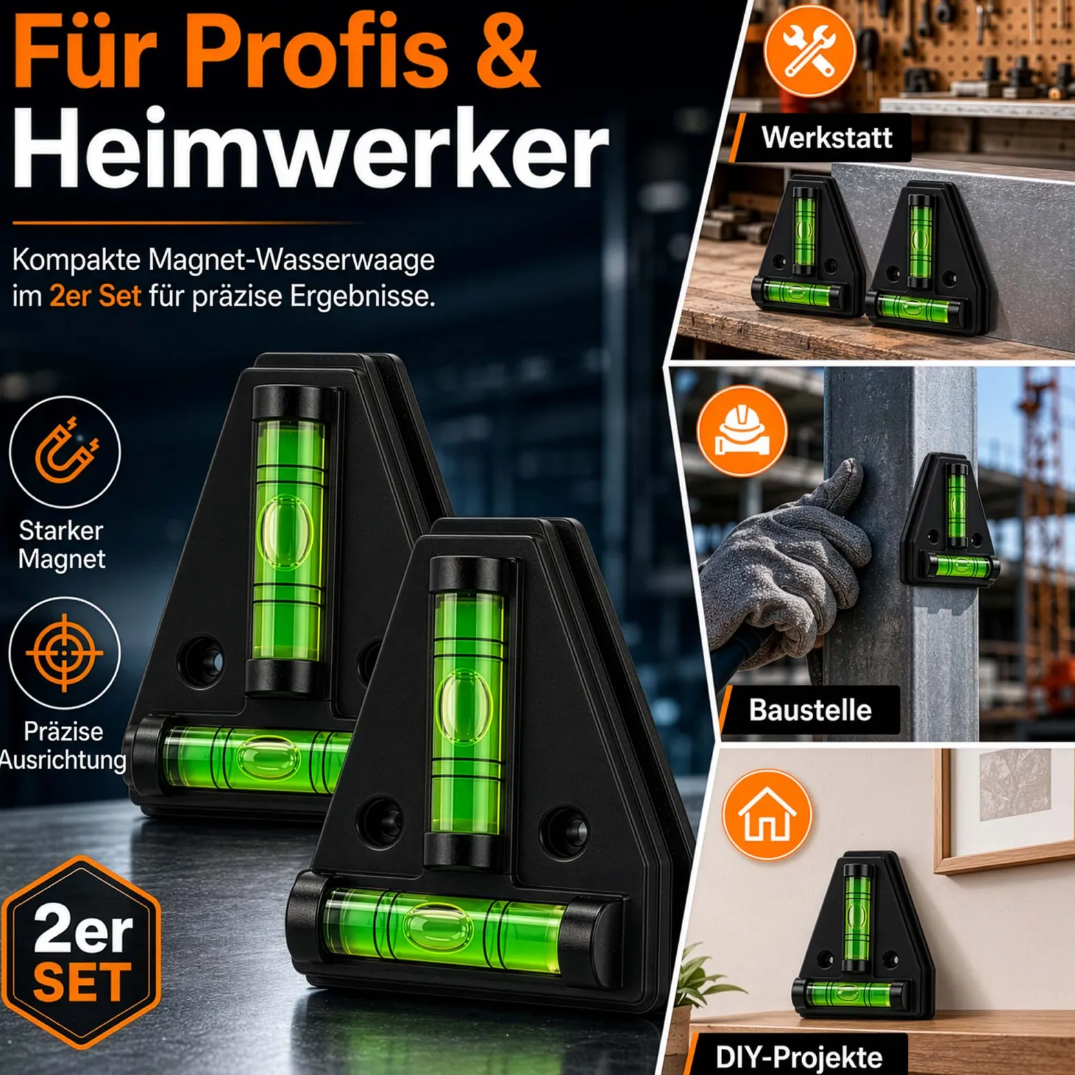 Wiltec Wasserwaage magnetisch 2 Stück Kreuzwasserwaage aus ABS mit Magnetrückseite mit je 2 Libellen, Magnetwasserwaage für Wohnmobil, Haushalt und Bau