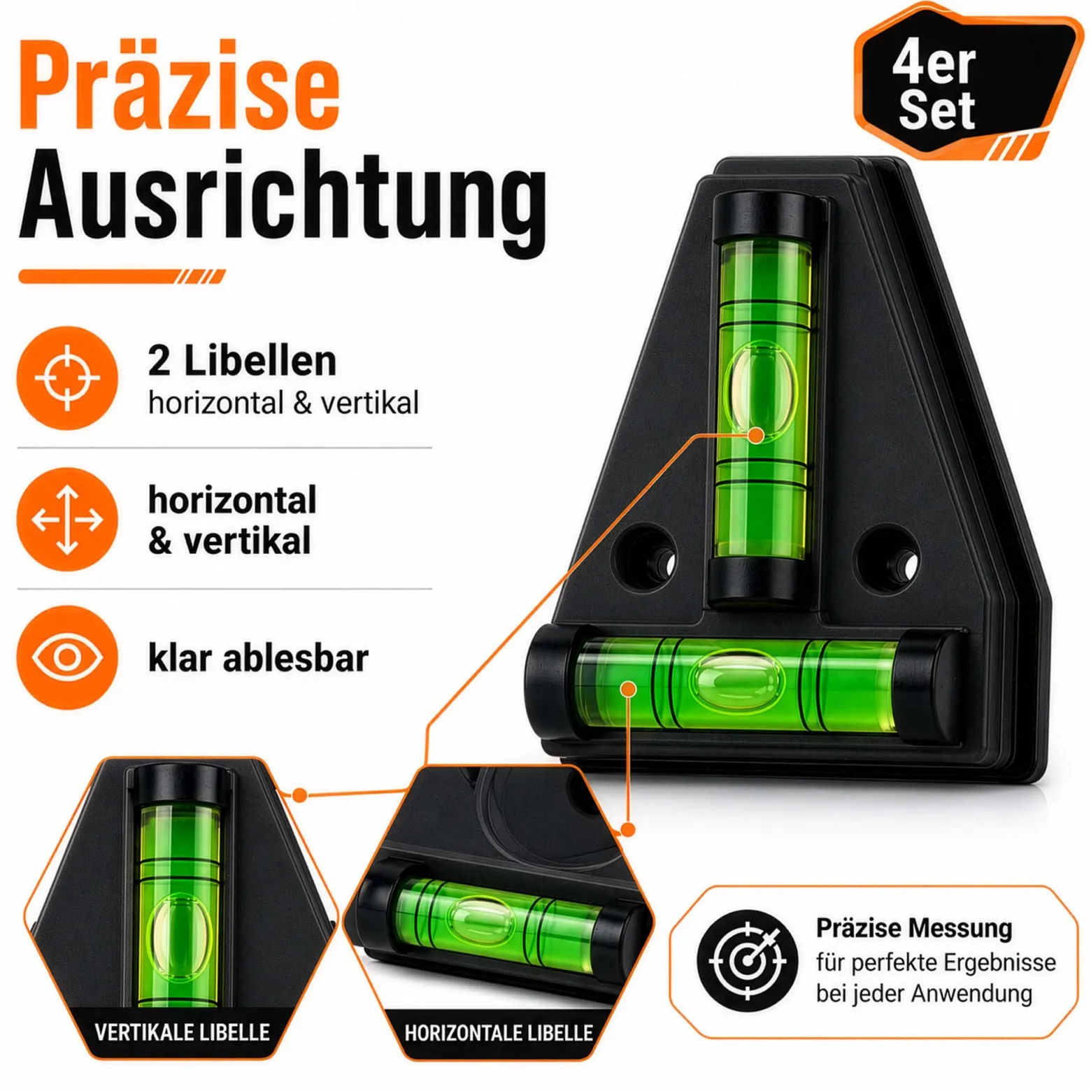 Wiltec Wasserwaage magnetisch 4 Stück Kreuzwasserwaage aus ABS mit Magnetrückseite mit je 2 Libellen, Magnetwasserwaage für Wohnmobil, Haushalt und Bau